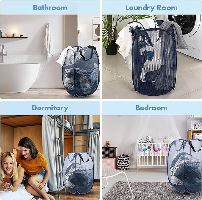 DUCOO Pop Up Hamper, 2 PCS Mesh Pop Up Laundry Hamper, Foldable Mesh Laundry Basket with Space Saving Design for Home, Dorm, Travel and Storage, Blue