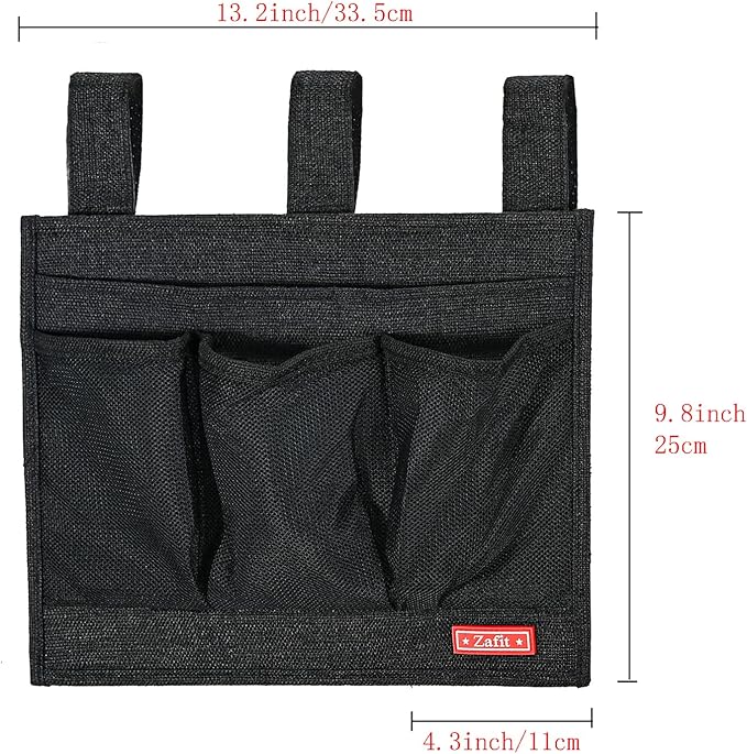 Zafit Linen Bedside Caddy, Bedside Storage Organizer for Hospital Beds, College Dorm Rooms or Baby Bed (Classic 4 Pockets Black)