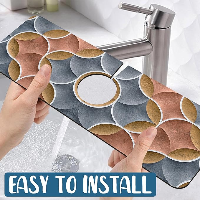Geometric Printing Sink Faucet Absorbing Mat Ceramic Tile Texture Super Absorbent Fast Drying Mat Sink Gadgets Behind Faucet Sinkmat for Kitchen Bathroom, 15.5"x5.5"