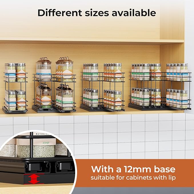 Pull Out Spice Rack Organizer for Cabinet, Slide Out Spice Racks, Easy to Install, 4.33" Wx10.43 Dx8.66 H, 1 Drawer 2 Tiers(Black)
