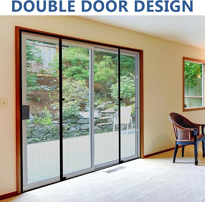 WochiTV Sliding Screen Door Fits Door Size 62 x 80, Magnetic Screen Door Screen Size 64" x 82", Double Opening Mesh Net Curtain with Magnet Hands Free Great for French Door Pet Kid