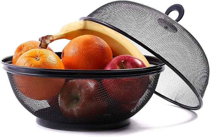 Juvale Mesh Fruit Basket with Lid - Bug Proof Fruit Storage - Stylish Black Wire Basket with Lid - Versatile Produce Storage - 10", Pack of 2, Black
