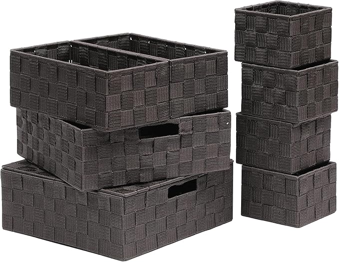 Storage Bins Woven Organizer with Lids Set of 8 – Polypropylene Storage Baskets with Metal Frame, Stackable Fabric Boxes for Drawers, Closet, Shelf, Nursery and Office, Brown