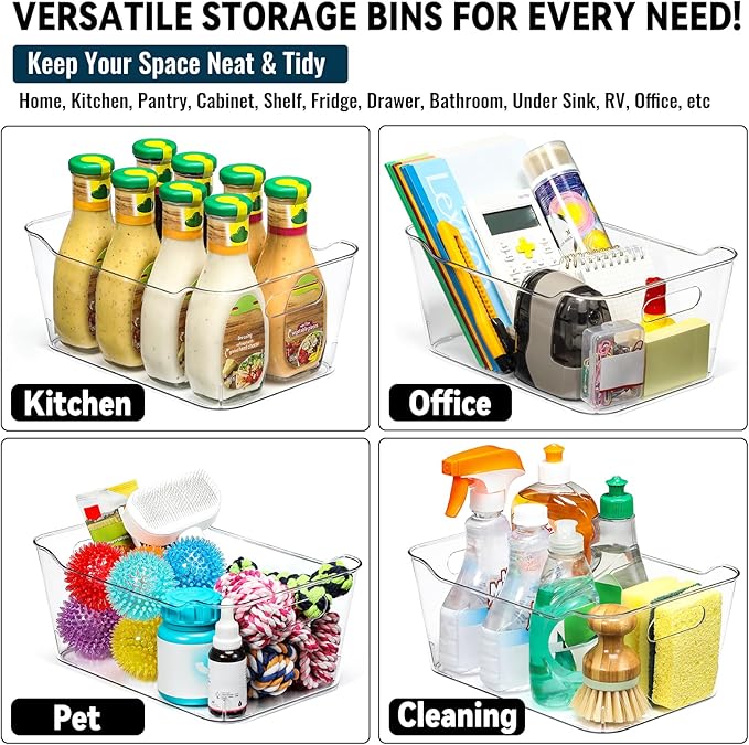 12 PACK Multi-Use Clear Plastic Storage Bins for Organizing w/ Labels - Home, Kitchen, Bathroom, Office, Pantry Cabinet Shelf Organizer Bins - SOHO Collection, RV, Fridge Organization Containers