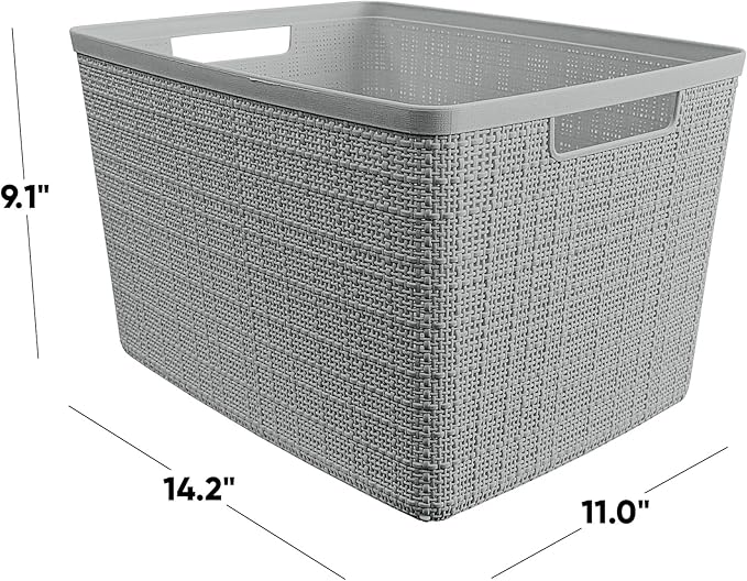 Curver Set of 4 Jute Large Decorative Plastic Organization and Storage Baskets, Perfect Bins for Home Office, Closet Shelves, Kitchen Pantry and All Bedroom Essentials, Grey