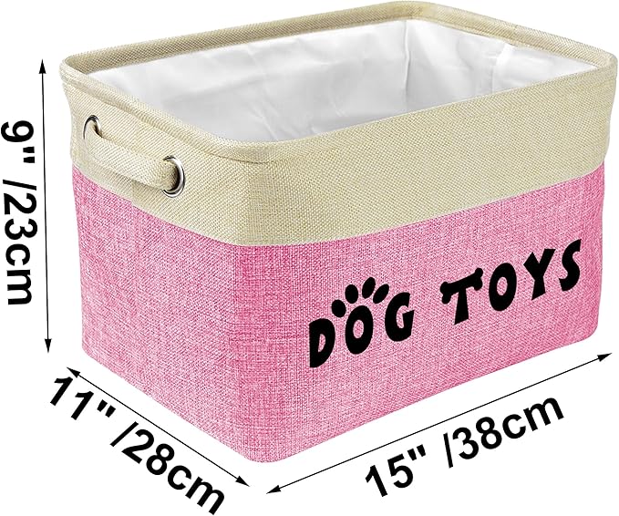 PET ARTIST Dog Toy Basket, Collapsible Dog Toy Bin Box with Comfortable Handles, Large Pet Toy Storage Organizer for Accessories, Toys, Coat & Clothing, Blanket & Leash, Pink, 15"x11"x9"