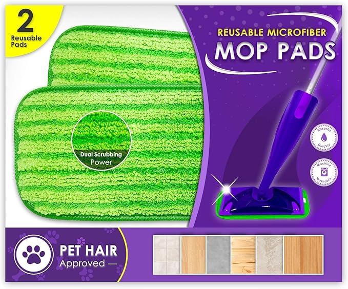 Turbo Mops Reusable Floor Mop Pads - Pack of 2, Machine Washable, 12-inch Microfiber Mop Refills - Compatible with Swiffer Wet Jet - Household Cleaning Tools