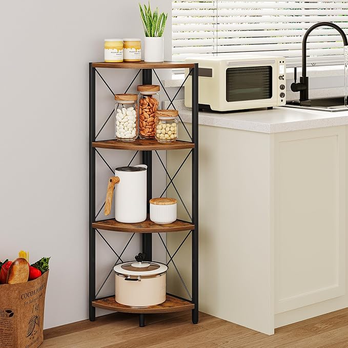 Snughome Rustic Corner Shelf Stand for Desktop, 4 Tier Corner Storage Plant Shelf, Freestanding Corner Shelf Display Rack, Multi-Unit Organizer for Living Room, Home Office, Small Space，Rustic Brown