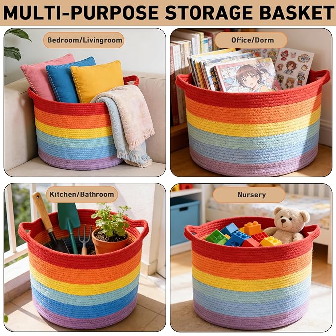 65L Large Blanket Basket,19.7" L x 19.7" W x 13" H Rope Woven Baskets with Handles, Toys Storage Bins,Laundry Basket Perfect for Living Room, Nursery,Bedroom,Home Organization,Rainbow