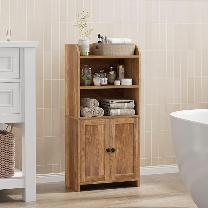 Homhedy Small Bathroom Storage Cabinet, Freestanding Toilet Paper Storage with 2 Doors and Shelves, Bathroom Organizers and Storage for Small Spaces, 7.9" D x 14.6" W x 31" H, Rustic Walnut