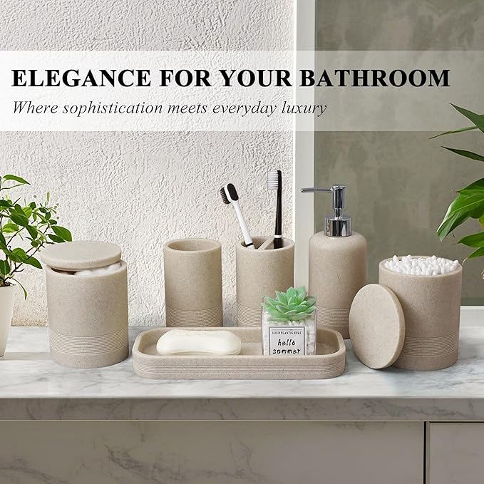 6-Piece Bathroom Accessories Set, Bathroom Accessory Set with Soap Dispenser, Toothbrush Holder Set, Vanity Tray, Tumbler & 2 Cotton Swab Jars, Modern Stylish Bathroom Organizer(Beige)