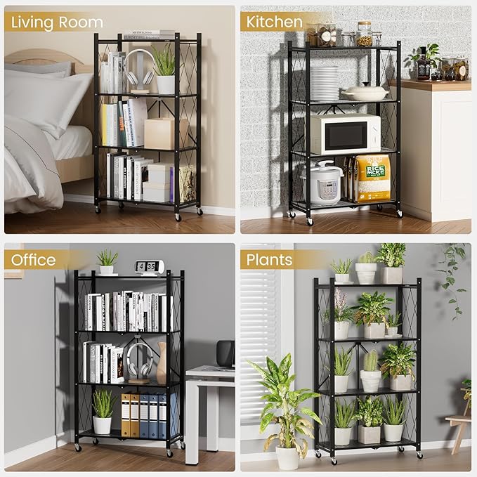 ALANNG Heavy Duty 4-Tier Folding Shelf with Wheels, No Tools Assembly Metal Storage Rack Cart, 264LBS Capacity for Kitchen, Pantry, Laundry Room, Garage, (Black, 2PACK)