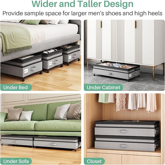 Kitstorack 4 Pack Height-adjustable Under Bed Storage with Wheels, Under Bed Storage Containers,Under Bed Shoe Storage Organizer with Clear Window&Label, Suitable for Clothes Storage, Gray