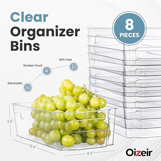 Oizeir 8 Pack Clear Plastic Fridge Organizer Bins - Stackable Refrigerator & Pantry Storage Bins with Handles for Snacks, Freezer, Kitchen Cupboard, and Cabinet Organization