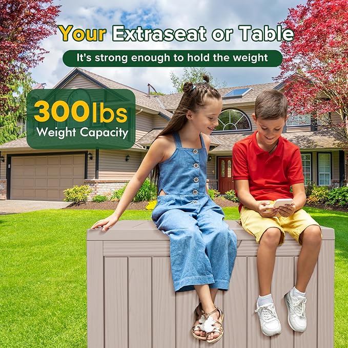 Outdoor Storage Box Waterproof, 45 Gallon Lockable Resin Deck Box Large, Patio Storage Bin for Pool Accessories Cushion Furniture, Garden Tools, UV-Resistant Outside Delivery Light Coffee