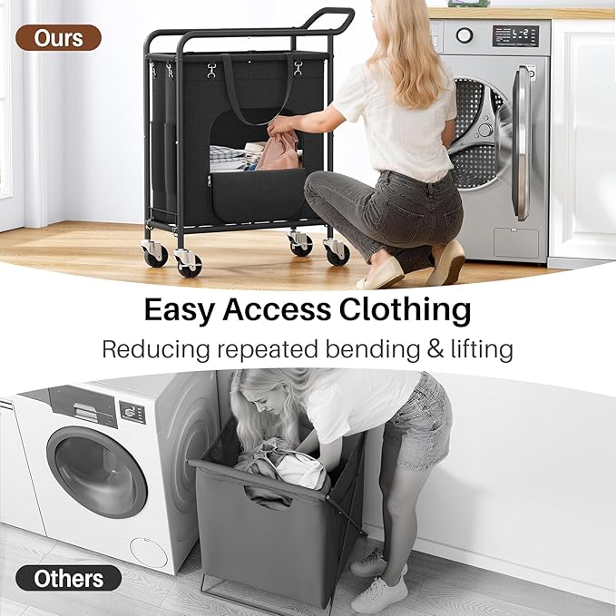 Laundry Basket with Wheels,114L Large Rolling Laundry Hamper, Heavy-Duty Laundry Cart Sturdy Metal Frame with Handle, Minimizes Bending Easy Access Clothing for Bedroom, Bathroom, Laundry Room (Black)