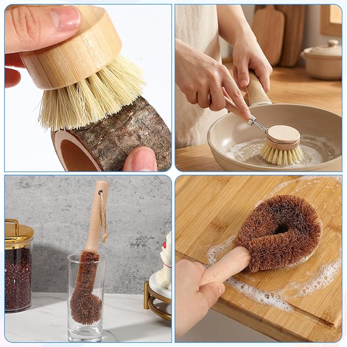 9pcs Bamboo Dish Brush Set Wooden Dish Brush with 14’’ Bottle Brush Natural Kitchen Scrub Brush Dish Scrubber for Kitchen Cleaning Dishes Pans Bottles Sink Vegetables Household