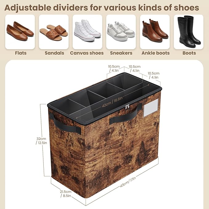 Varhomax Shoe Organizer Box 2 Pack for Closet,Small Fabric Shoe Storage Bin with Adjustable Dividers & Clear Cover, Saving Space Sneakers & Sandals Containers for Entryway, Cubby