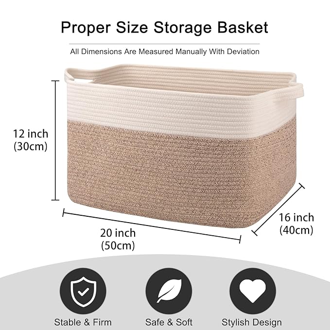 OIAHOMY Large Storage Basket, Cotton Rope Woven Blanket Basket, Toy Bin for Baby Room, Container for Blanket Storage in Living Room, 20''×16''×12'', Brown & White