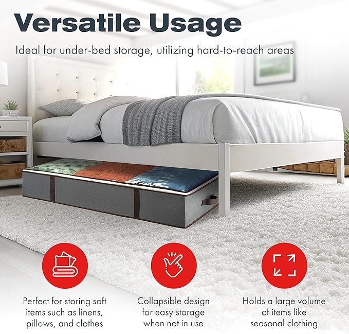 Underbed Storage Bags 4-Pack - Foldable Under Bed Storage Organizer for Clothes, Bedroom Blankets, Comforter, Pillows, Linen Sheets, Towels, Sweaters, Shoe Drawers - Ideal for College Dorms (Grey)