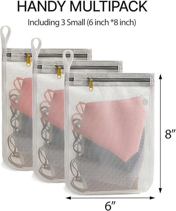 TENRAI 3 Packs Delicate Laundry Bags for Reusable Face Masks and Reusable Makeup Remover Pads,Fine Mesh Wash Bags,Use YKK Zipper, with Hanger Loop, Portable Mask Storage Bag (3 Small)