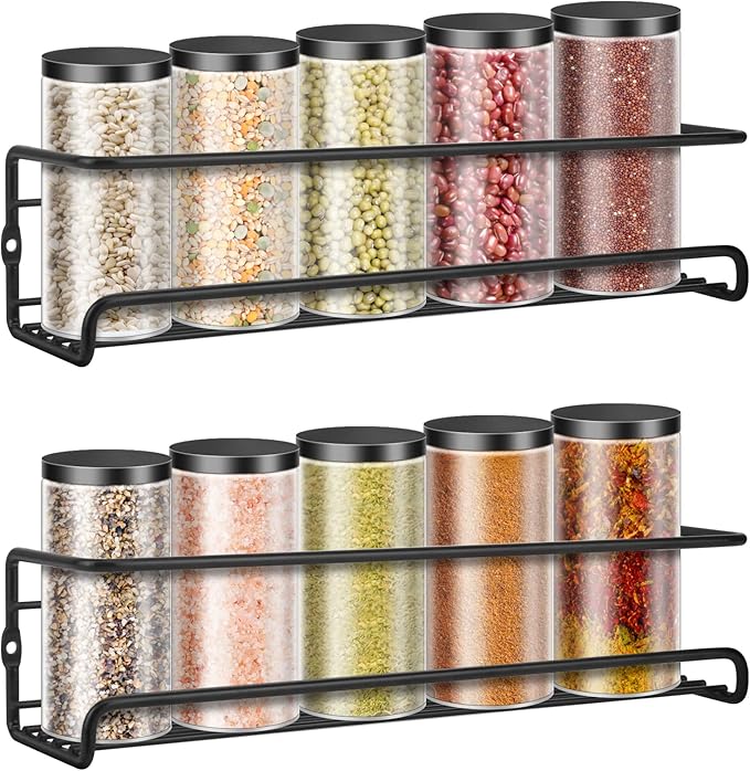 Wall Mounted Spice Rack, Hanging Spice Organizers, Kitchen Condiments Storage for Space Saving (2pcs, Black)