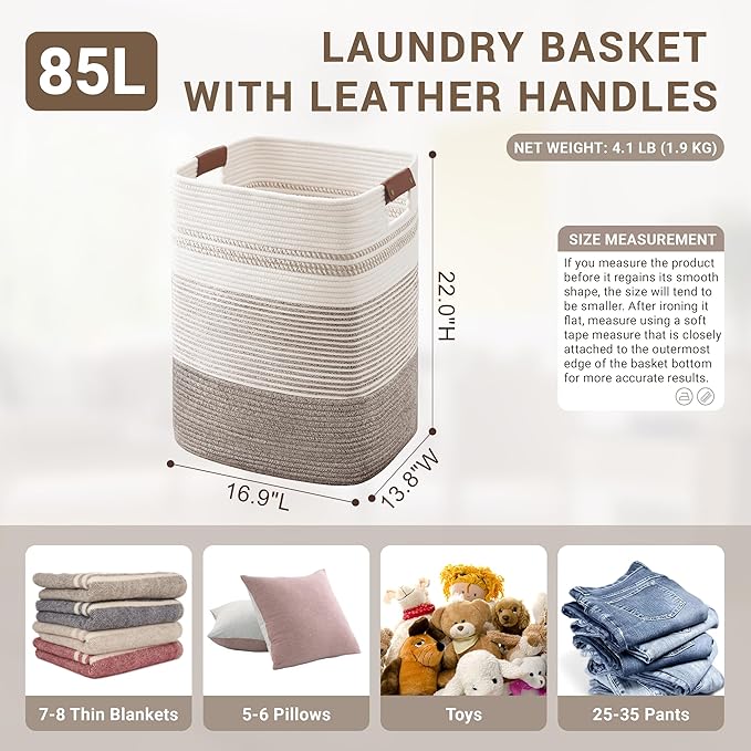 85L Tall Laundry Hamper with Handles for Living Room Storage, Extra Large Woven Rope Baskets Bin for Blanket, Kids Toy, Gifts, Wicker Hamper for Bedroom Dirty Clothes, 17"x14"x22" Dark Brown