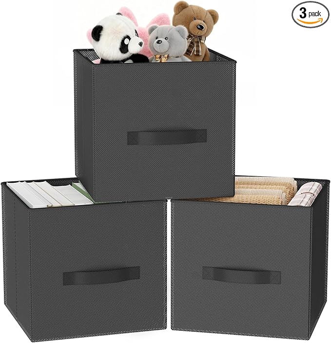 Fabric Storage Bins, Foldable Storage Cubes Baskets with Handle for Organizing, Collapsible Bins Cube Organizer Baskets for Closet, Shelves, Clothes, Towel (Gray, 3 Pack)