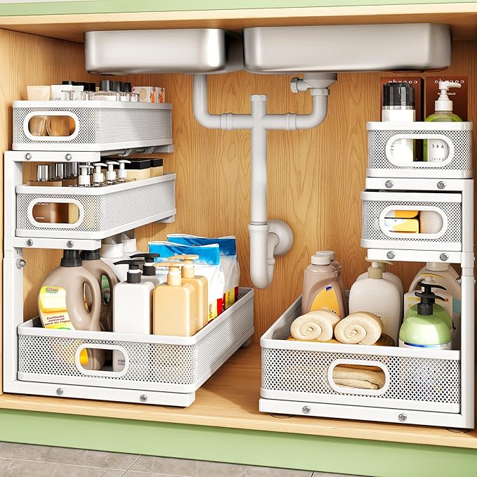 Kitstorack Under Sink Organizer, 1-Pack 3-Tier Height Adjustable Thickened Metal Pull out Cabinet Organizer Shelf, Slide out Storage Drawer Rack for Bathroom Kitchen Pantry Home Laundry Organization