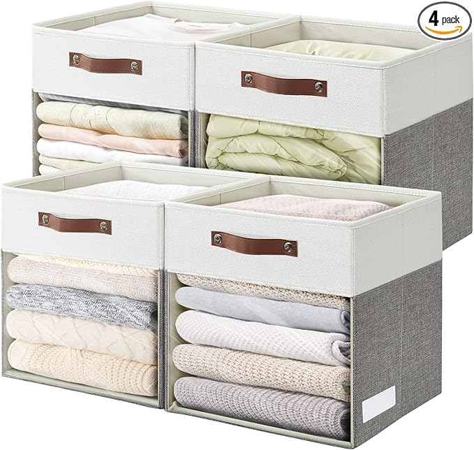Storage Cubes, 4 Pack Linen Foldable Storage Bins with Clear Window and 2 Handles, 13x15x13 Storage Cube Bins for Shelf Closet, Kallax, Clothes, Books - (Gray and White)