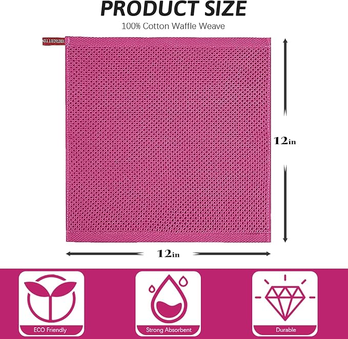 Niallant 4 Pack Pink Cotton Waffle Weave Kitchen Dish Cloths, Soft Absorbent Dish Rags, Quick Drying Cleaning Rags - 12x12 in