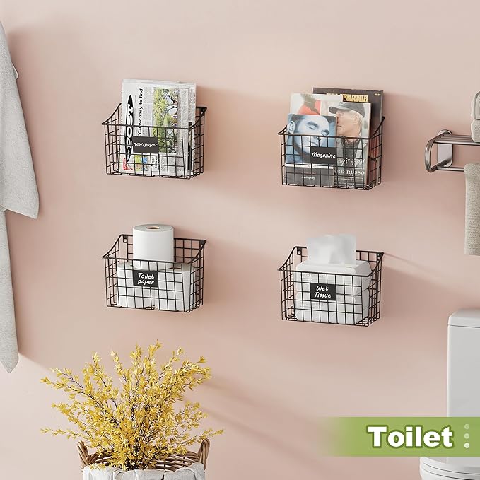 Wall Basket with Label Plate & 5 S-Hooks –4 Pack Hanging Wire Basket for Organizing, Wall Storage for Kitchen, Bathroom, Pantry, Laundry, RV – Hanging Wall Basket, Metal