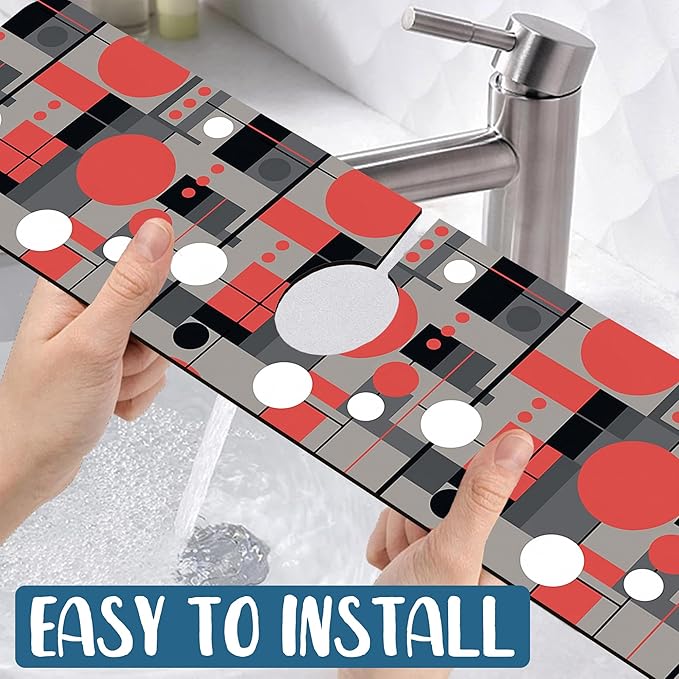 Abstract Geometric Sink Splash Guard Faucet Mat Vintage Tile Super Absorbent Fast Drying Mat Sink Gadgets-Splash Guard Behind Faucet Drip Catcher for Kitchen Bathroom, 23.5"x5.5"