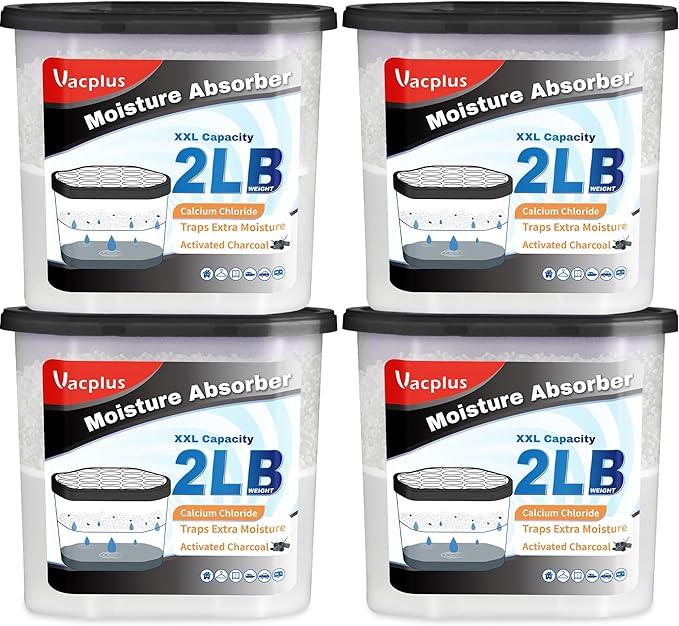 Vacplus Moisture Absorber Buckets – Large Capacity Dehumidifier and Humidity Absorber for Closet, Basement, Bathroom, RV, and Storage Areas, Activated Carbon, 2 lbs, 4 Pack