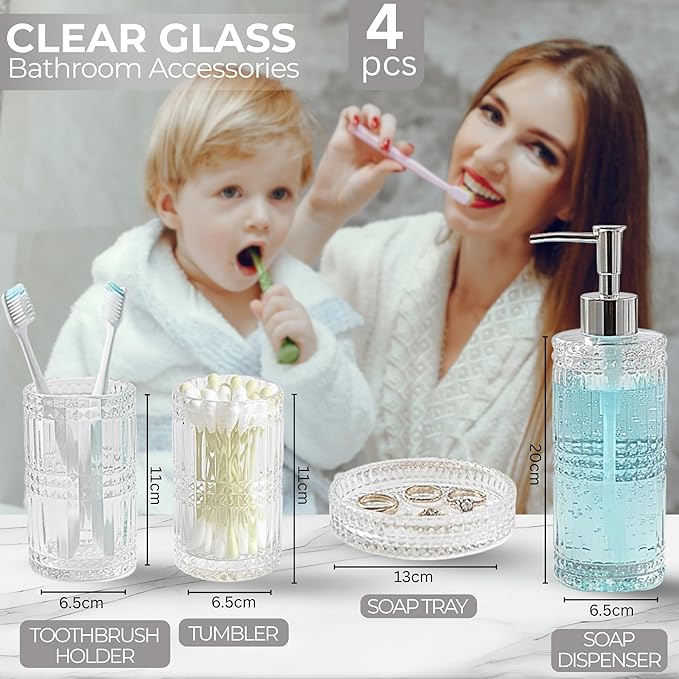Escenzy Clear Glass Bathroom Accessories Set 4 Pcs | Premium Liquid Soap Dispenser and Toothbrush Holder Set, Qtip Holder, Soap Tray | Bathroom Countertop Organizer | Modern Bathroom Accessory Sets