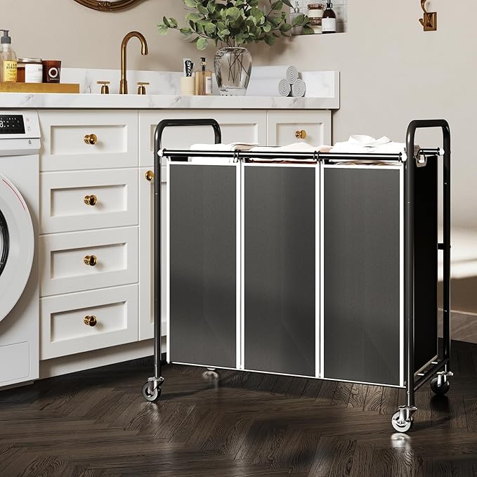 ROMOON Laundry Sorter Hamper 3 Section, Divided Laundry Basket Organizer with Heavy Duty Lockable Wheels and Removable Bags, Rolling Clothes Hamper for Apartment, Dorm & Family (130L Modern Black)