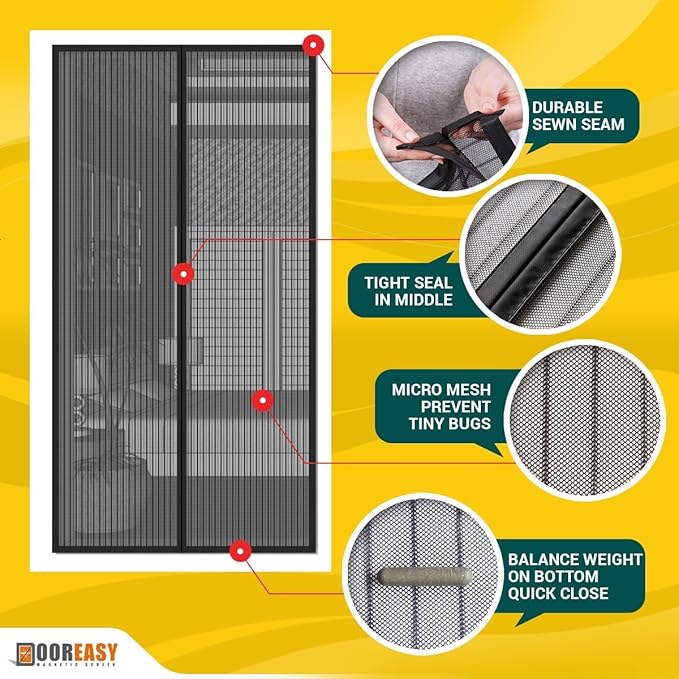 Dooreasy Hands-Free Magnetic Screen Door Polyester Mesh, Full Frame Loop Sewn,Quick Close No Slightest Gap, Fits Door Opening Up to 34"x95"