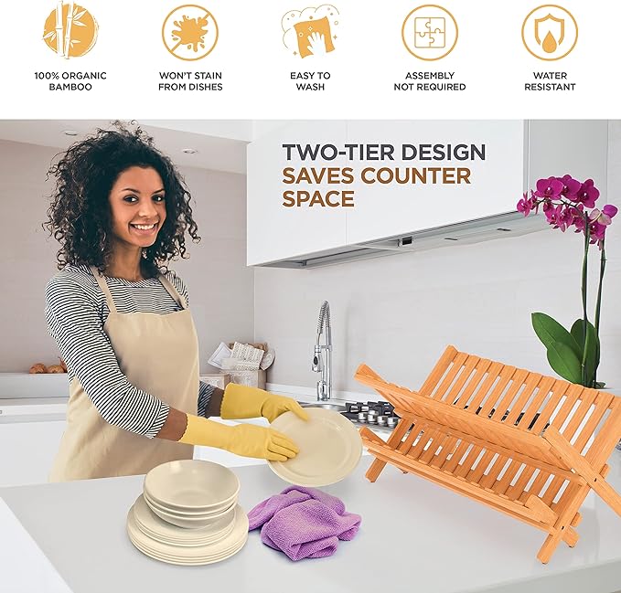 Dish Drying Rack - Bamboo Dish Rack for Kitchen Counter, Collapsible 2-Tier Wooden Drying Rack for Dishes, Plates, Cups, Utensils - Foldable Dish Drainer, Space-Saving Kitchen Drying Rack Organizer