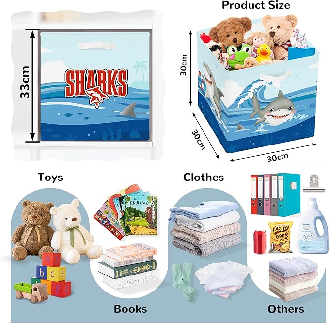 Clastyle Ocean Animals Storage Cube Organizer Set Foldable Closet Clothes Cube Storage Bin Storage Box Chest Book Shelf Basket,Shark,11.8x11.8x11.8 in