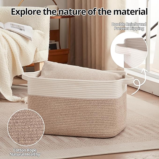 OIAHOMY Large Storage Basket, Cotton Rope Woven Blanket Basket, Toy Bin for Baby Room, Container for Blanket Storage in Living Room, 20''×16''×12'', Brown & White