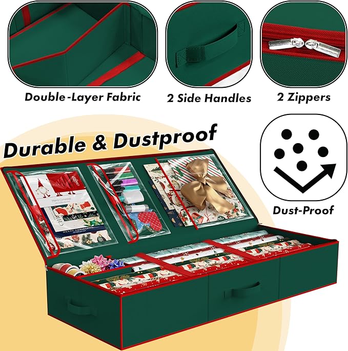 Simple Houseware 41.5" Wrapping Paper Storage Organizer - Fits 40 Rolls with Adjustable Straps, Interior Divider for Ribbons & Bows, 3 Clear Pockets for Gift Bags & Tools, 41.5''L x 16''W, Green