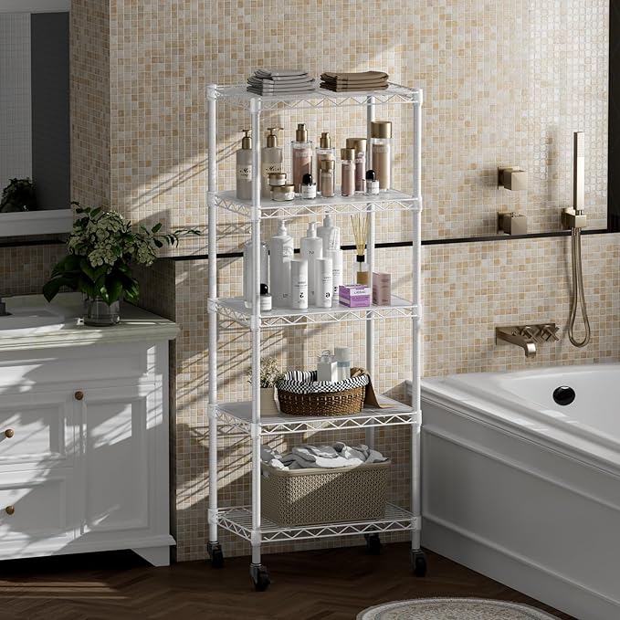 SINGAYE 6 Small Shelf Storage Wire Shelves Closet Bathroom Organizers Metal Pantry Kitchen Garage Shelving Unit Laundry Room Organization Home Narrow Rack Net Basket with Wheels White