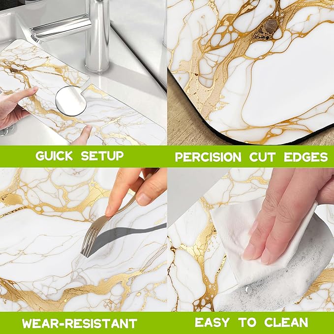 Kitchen Sink Splash Guard Faucet Mat Super Absorbent Fast Drying Mat Guard Behind Faucet Drip Catcher for Kitchen Bathroom (Gray Gold Marble, 23.5"X5.5")