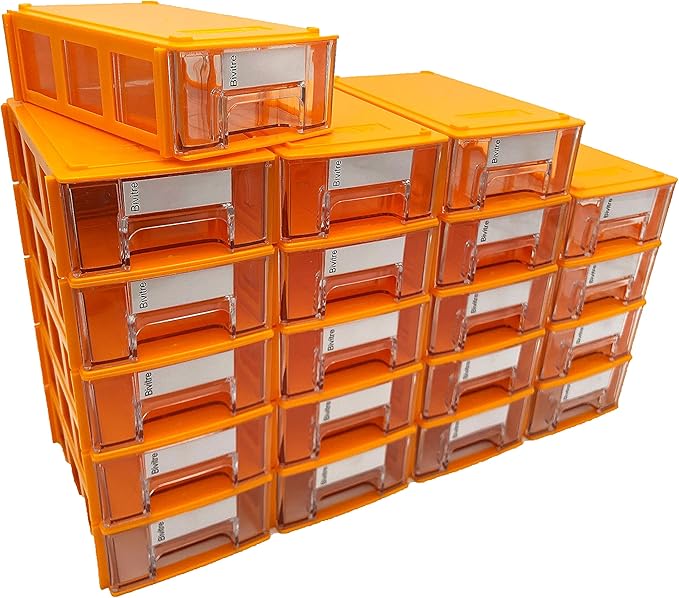 Stackable Storage Drawers Set of 20, Plastic Drawers Organizer for Small Parts Screw Craft Organizer, Mini Drawer Organizer with Dividers and Paper Labels(ORANGE)