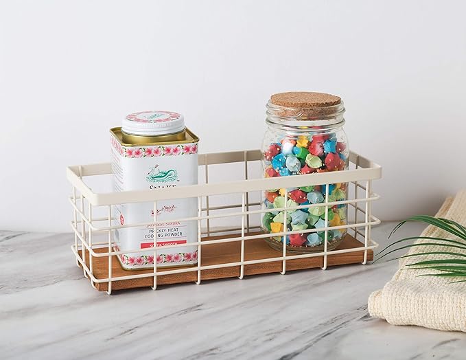 TIEYIPIN Small Metal Wire Storage Basket, Detachable Wood Base Storage Organizer Bin Basket for Kitchen Cabinets, Bathroom, Pantry, Garage, Laundry Room (Cream White, 4 Pack)