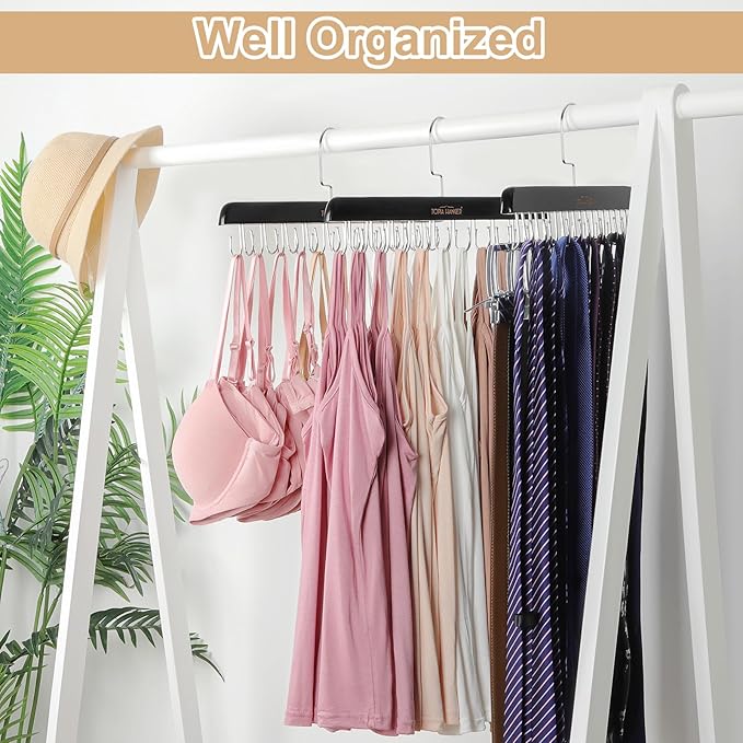 TOPIA HANGER Bra Hanger for Closet, Tank Top Hangers 20 Hooks Capacity Foldable Wood Space Saving Hangers Closet Organizer for Tank Top, Bra, Scarf, Belt, Tie etc - CT46B