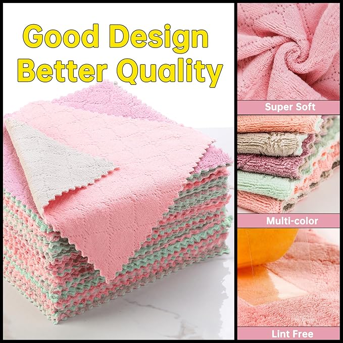 12 Pack Kitchen Cloth, Dish Towels, Microfiber Cleaning Cloths, Premium Coral Fleece Nonstick Oil Washable Fast Drying Cloths for Kitchen, Bathroom, Car and Household Cleaning Supplies, 10"×10"