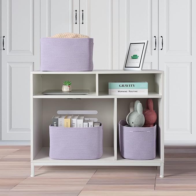 Cotton Rope storage Basket Bins Woven Basket for Organizing Shelves 15X10X9.3" Rectangle Decorative Baskets For storage Clothes Toys Books Towels Nursery basket organizer 3 pack purple or lavender