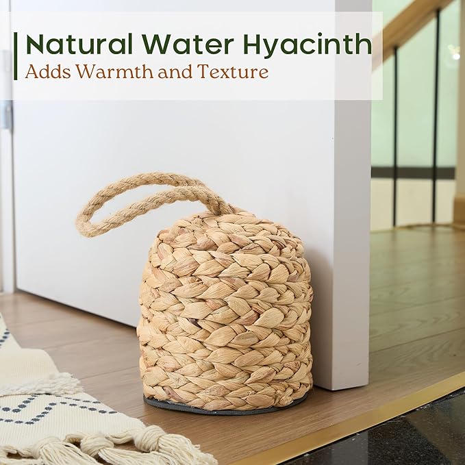 4.4lbs Natural Door Stopper for Bottom of Door Decorative Heavy Duty Door Stop with Handle Wicker Cute Door Stopper for Modern Farmhouse Water Hyacinth Home Decor 4.7" D x 6.3" H