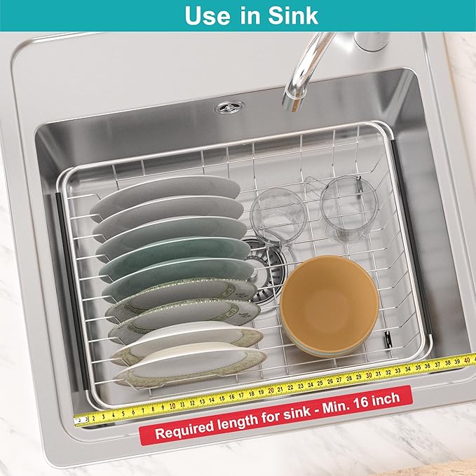 iPEGTOP Expandable Dish Drying Rack Over Sink, Rustproof Stainless Steel Dish Drying Rack Basket Shelf, Multifunctional Dish Drainer Organizer with Utensil Cutlery Holder